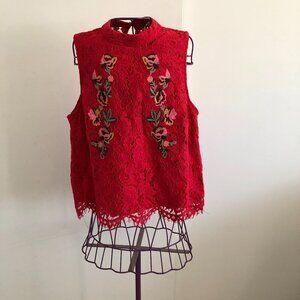 Haute Monde Mock Neck Sleeveless Lace Lined floral embroidery top-Size M Red